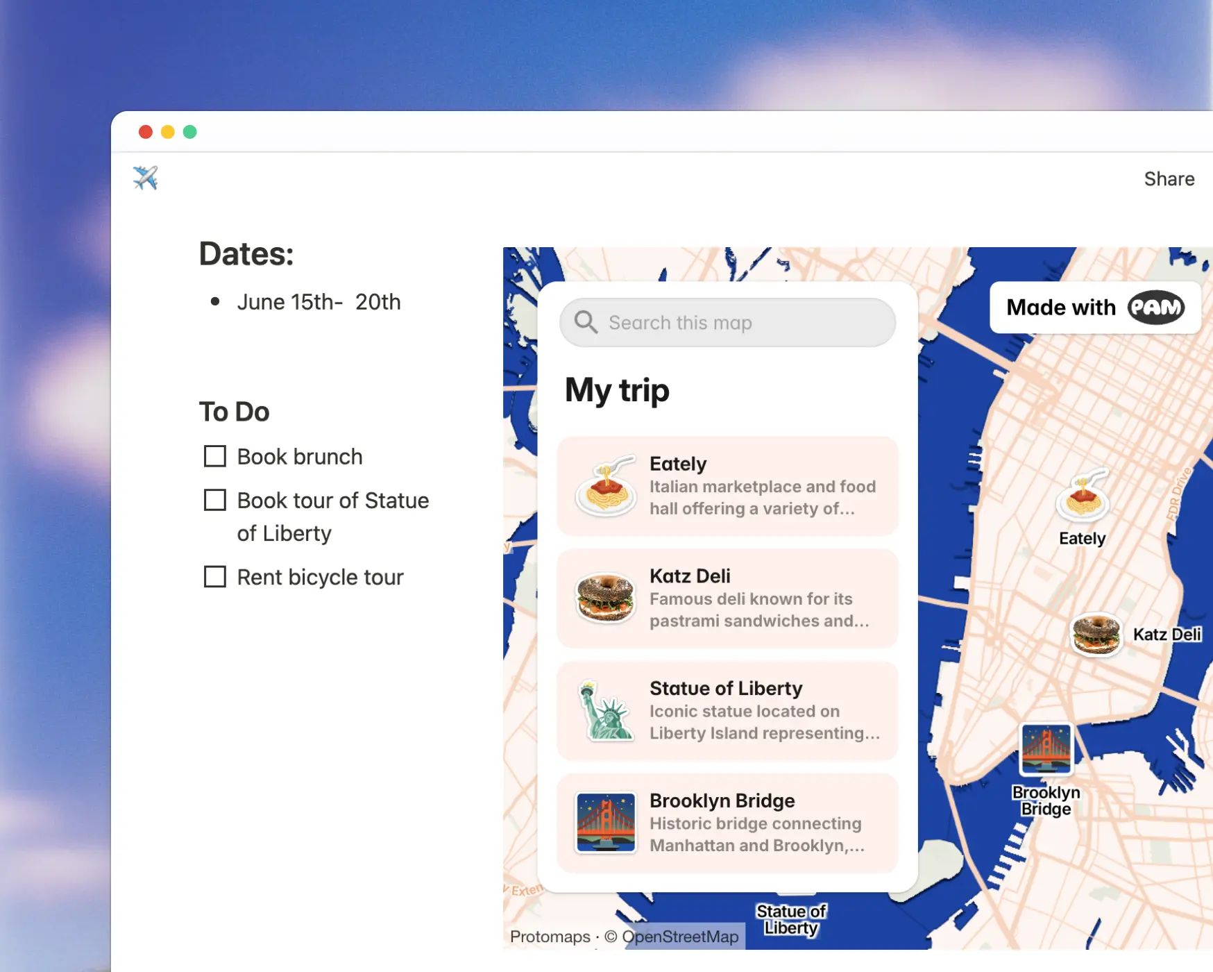 Screenshot of a website with an embedded PamPam map