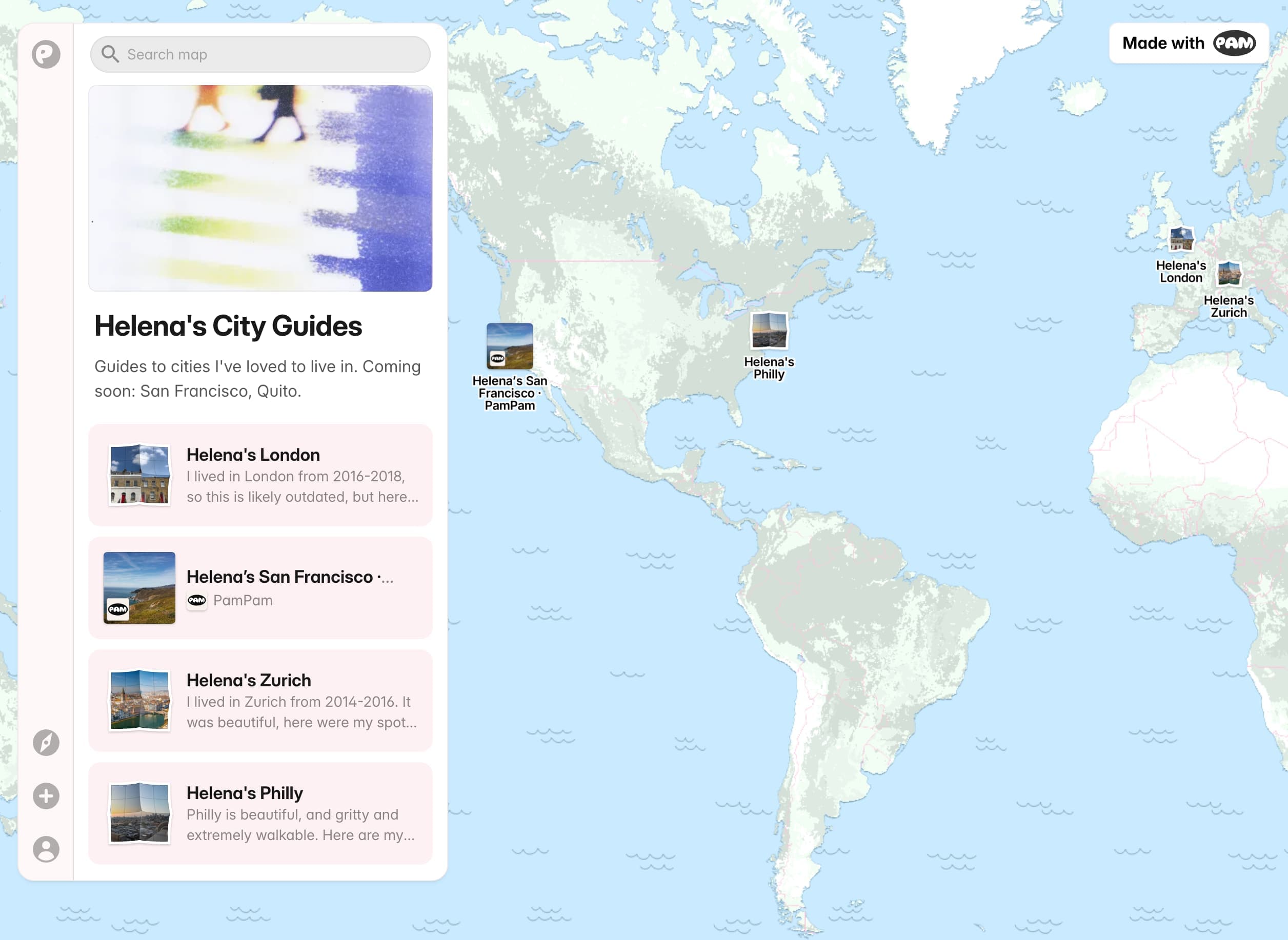 Screenshot of a PamPam map with multiple city guides