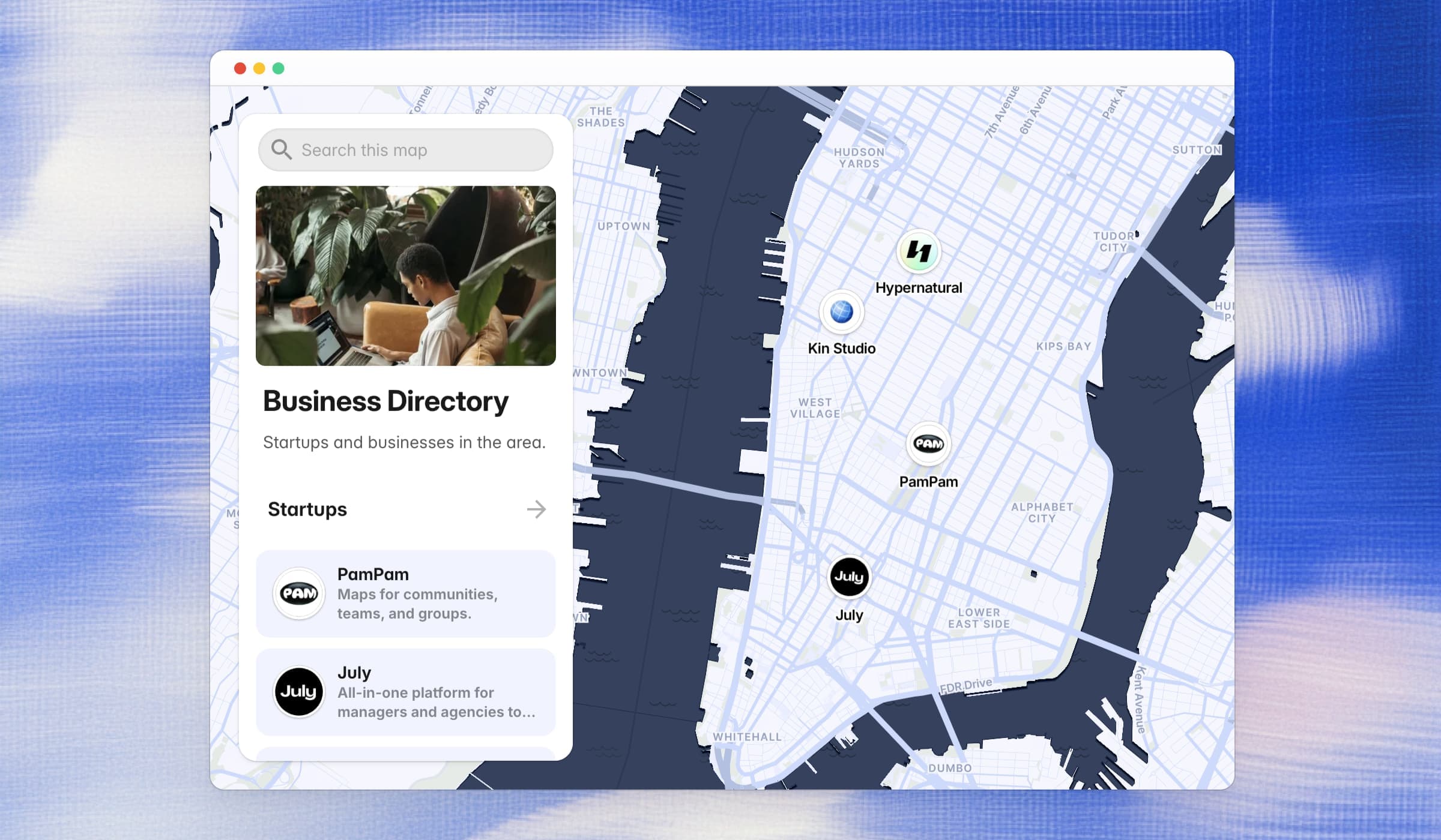 Interactive business directory map showing network locations on PamPam