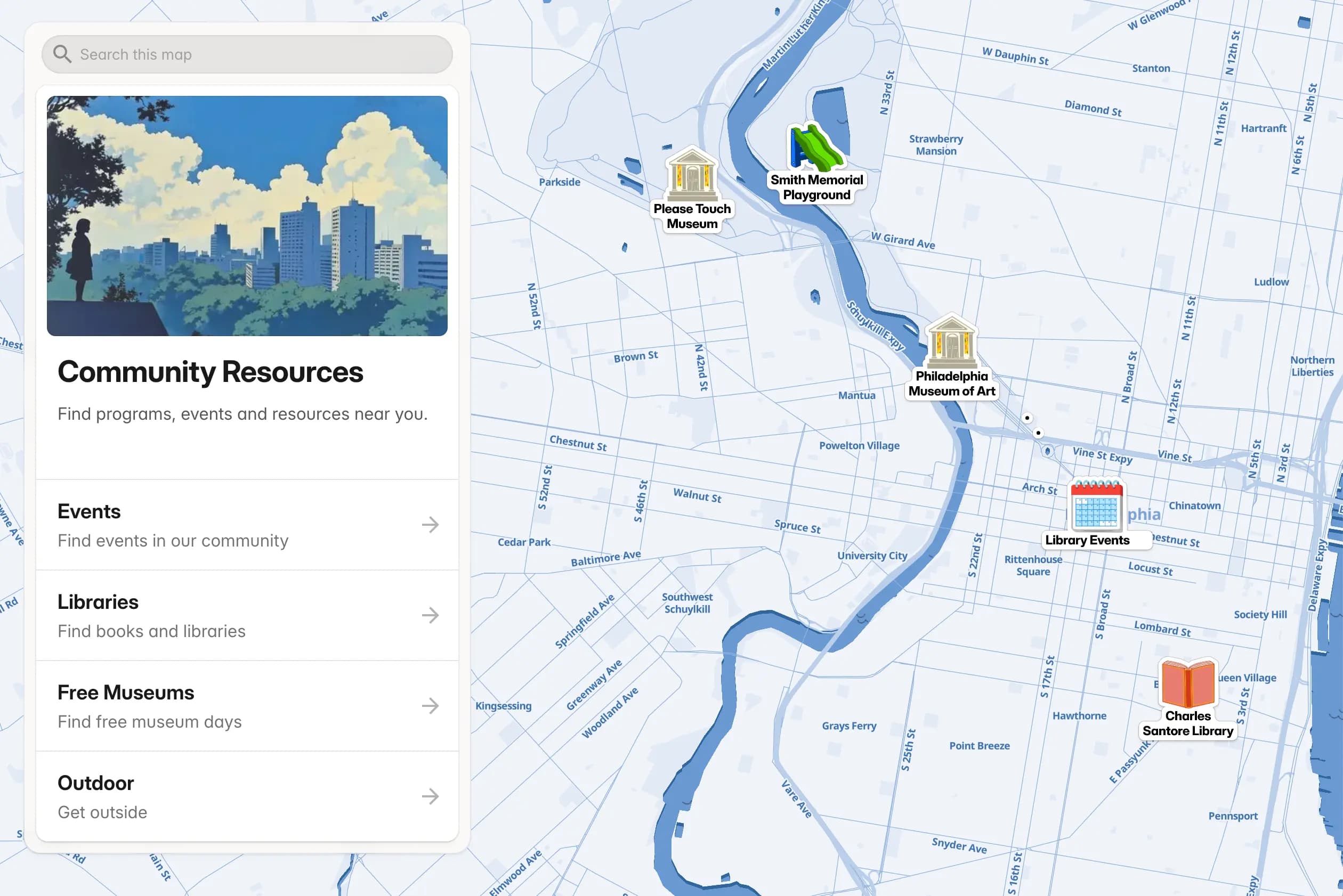 Screenshot of a PamPam map community resources in a city.