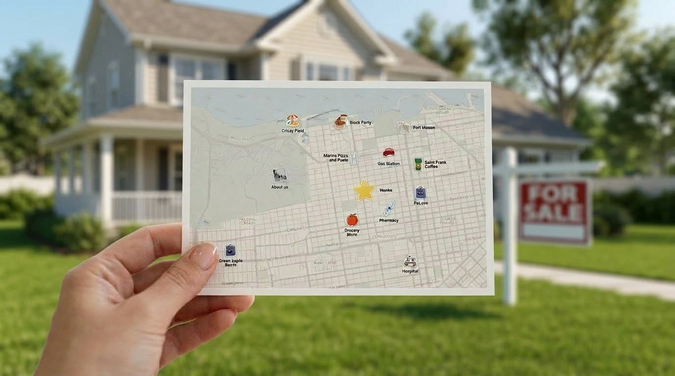 Printable neighborhood amenity map template with parks, transit, and local services