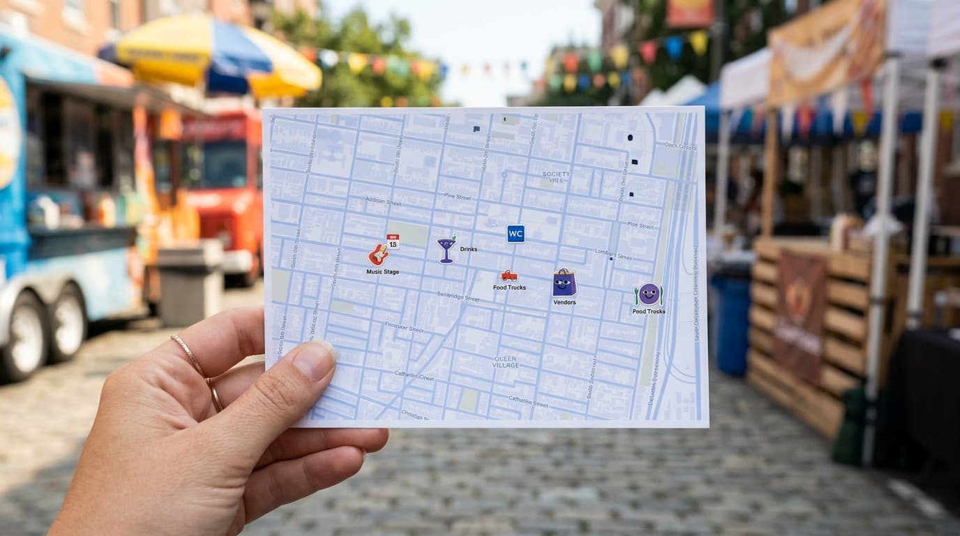 Printable festival city guide map template with venues and event landmarks