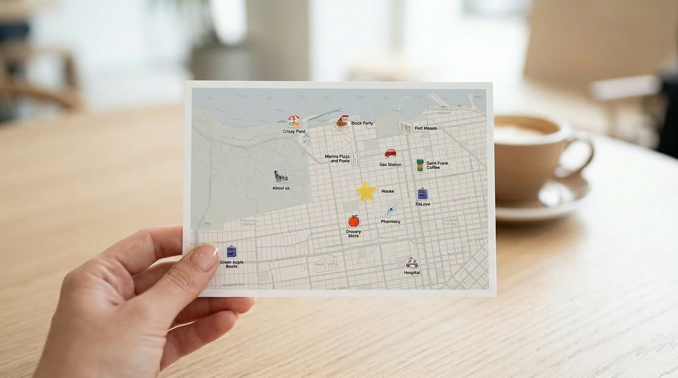 Printable neighborhood travel guide map template with recommended places and amenities