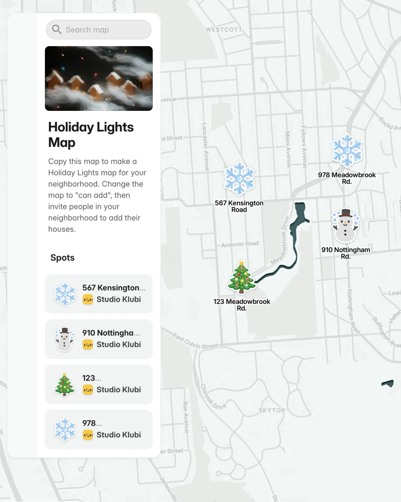Preview of Holiday Lights Map – an AI map maker template for Guide and trail for Holiday Lights